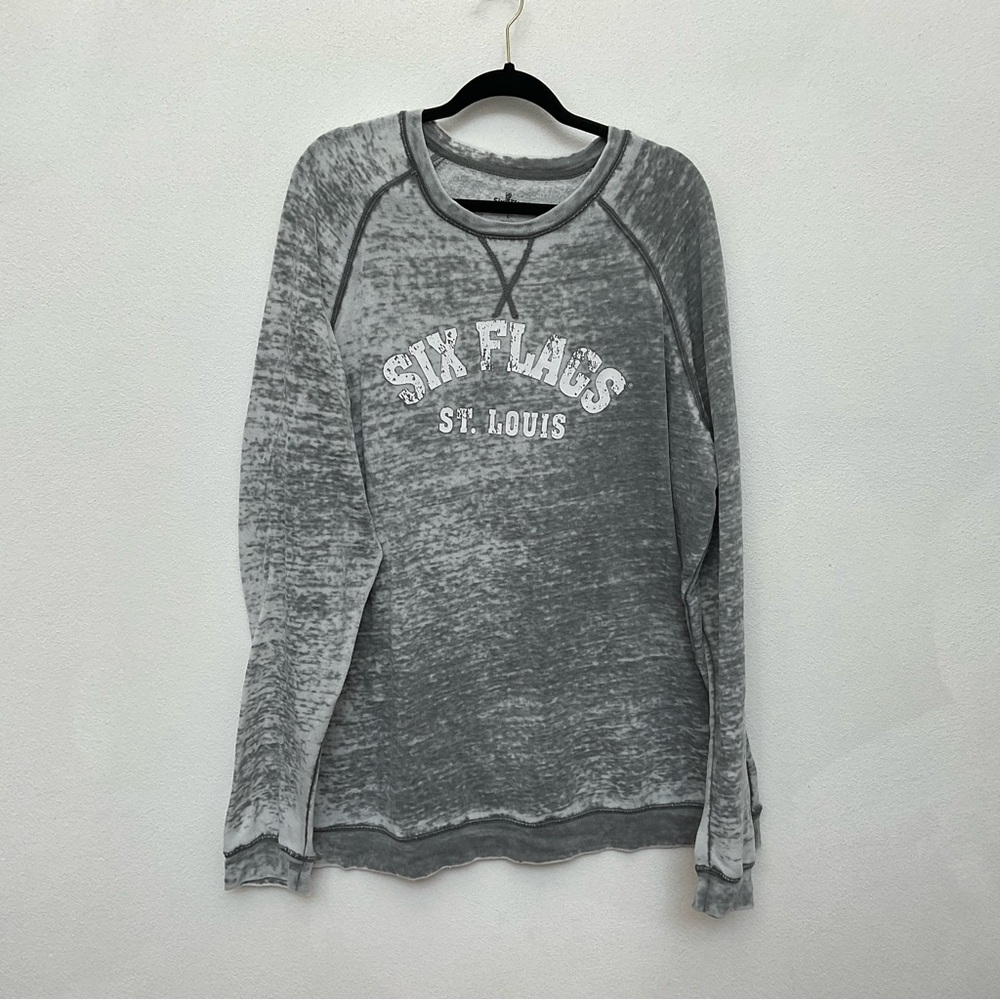 Six Flags St. Louis Grey Burnout Crewneck Sweatshirt Size Large Oversized Lounge